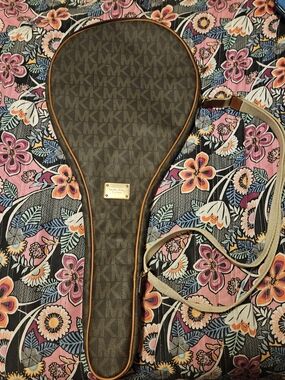 Michael Kors Brown MK Monogram Crossbody Tennis Racket Bag with Tan Trim